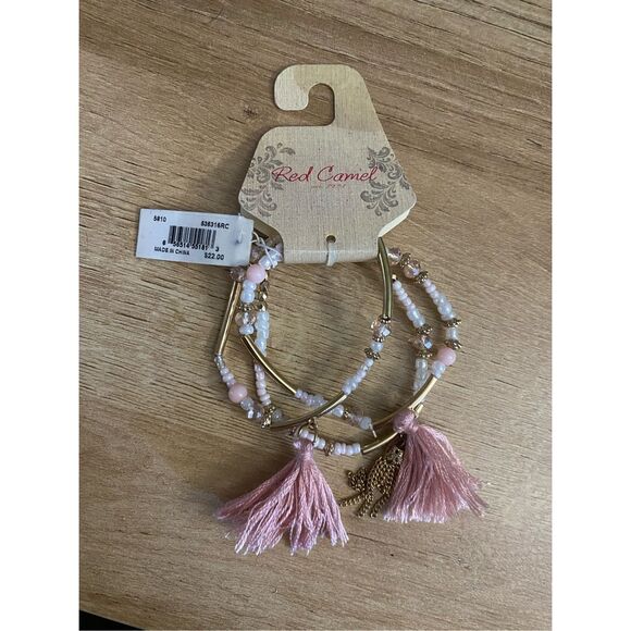 Red Camel NWT Pink Gold Pearl Stretchy Boho Tassel Bracelets - Picture 2 of 4
